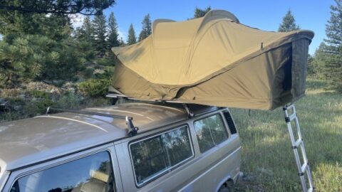Thule Approach M rooftop tent in beige, set up on a van in a field that borders a forest.