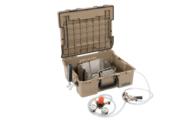 Decked D-Co kegger insert turns your regular gear case into a mobile beer keg - shown in tan with refrigeration coils, spout, and gauges.